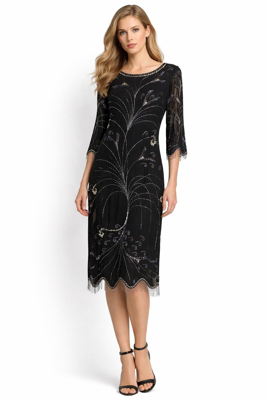 1990s Argent Matte Silk Beaded Cocktail Dress Black Size 8
